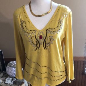SeanDara yellow/brown beaded lightweight long sleeve top. Size large